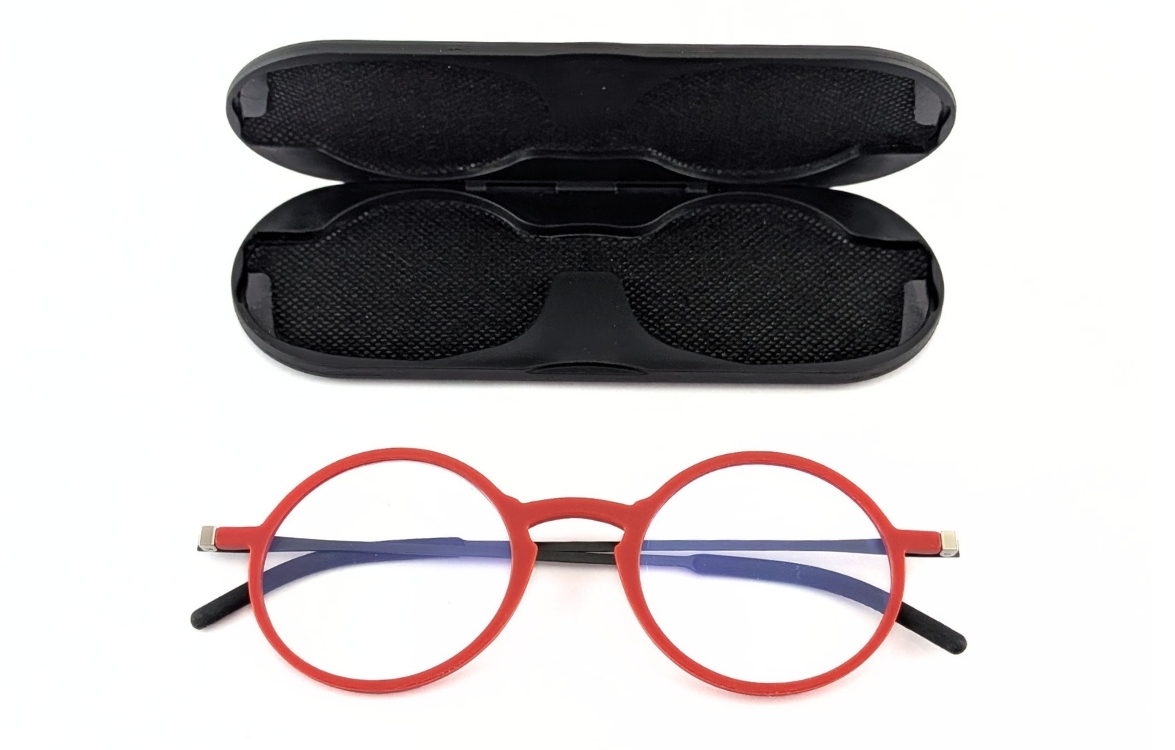 Compacte platte leesbril met magnetisch etui - Mat Rood - Rond